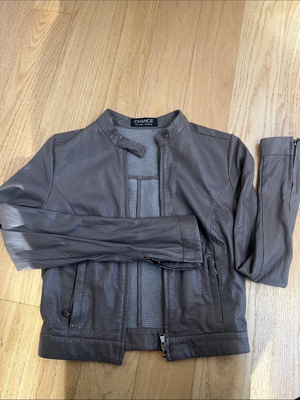 CHANCE by Emel Yildrim Perforated Leather Jacket - Taupe Gray